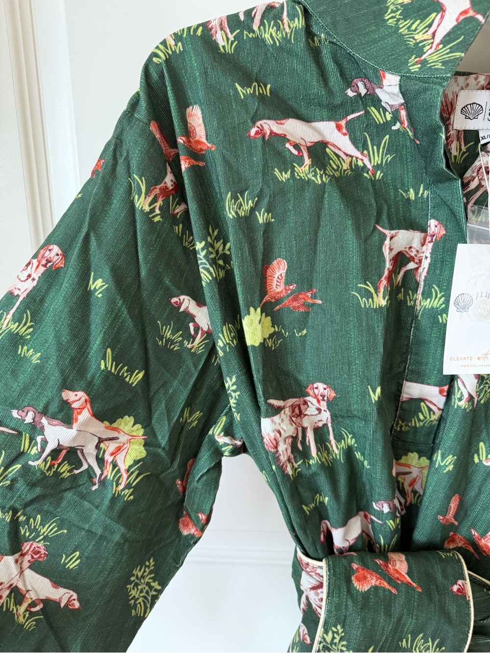 Holly Shae Green Corduroy “Dogs On The Hunt” Shift Dress with matching obi belt - Picture 4 of 7